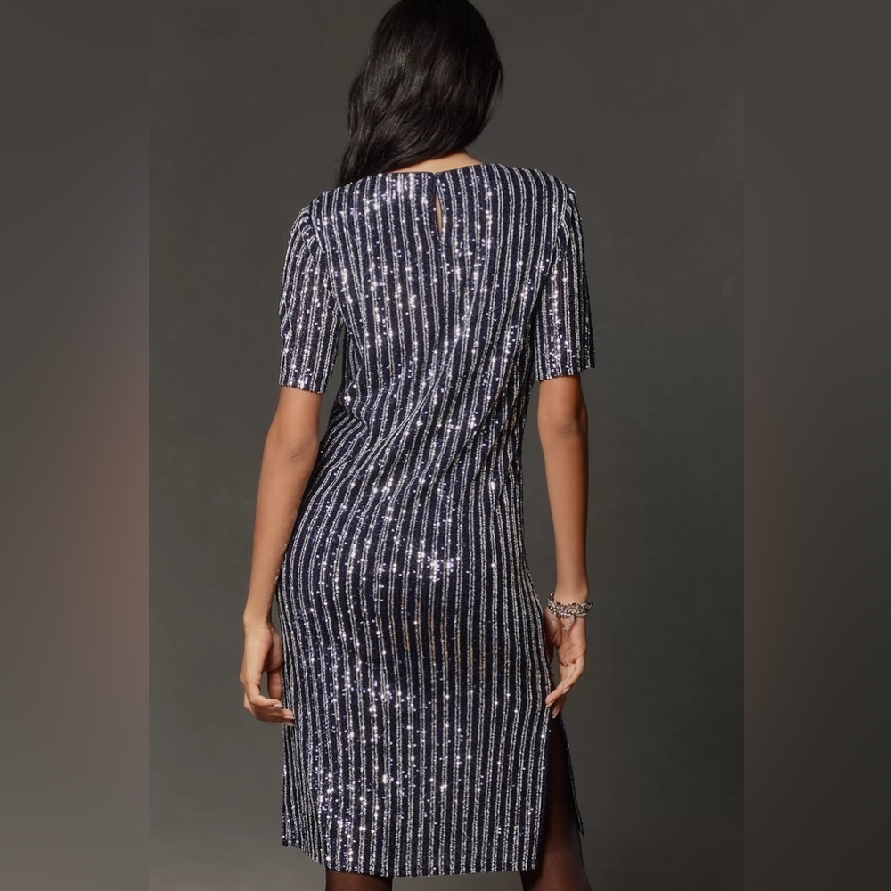 Anthropologie Black and Silver Sequin Stripe Shift Dress XXS - Picture 3 of 9